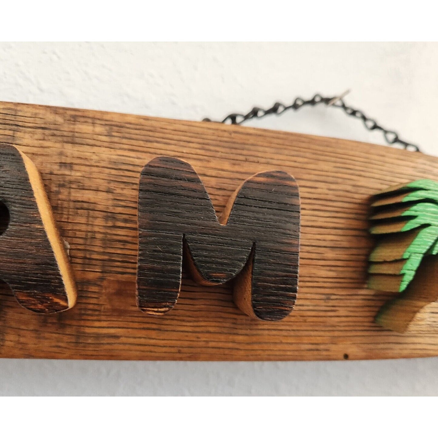 Wood Sign Wine Stave says "Guam USA" Flowers Palm Tree Letters Cut Stave