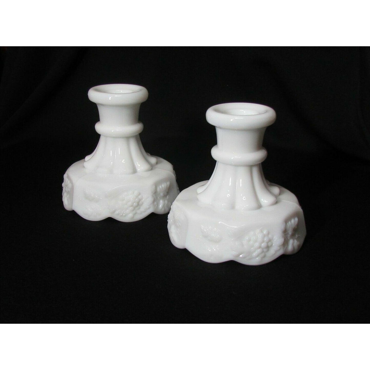 WESTMORLAND VINTAGE MILK GLASS CANDLE STICK HOLDERS “Grape Harvest” Pattern Pair