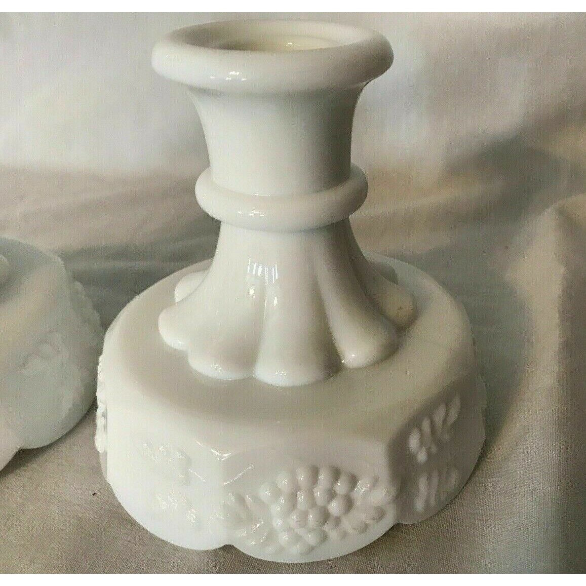 WESTMORLAND VINTAGE MILK GLASS CANDLE STICK HOLDERS “Grape Harvest” Pattern Pair