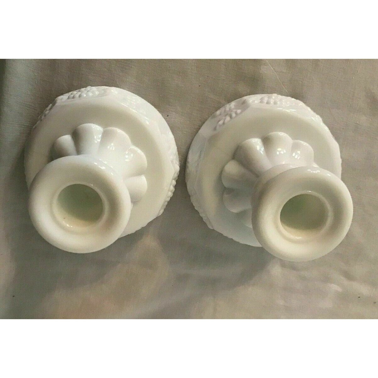 WESTMORLAND VINTAGE MILK GLASS CANDLE STICK HOLDERS “Grape Harvest” Pattern Pair
