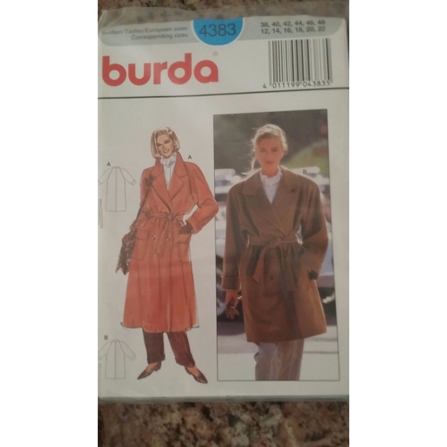 Pattern Burda # 4383 Size 12 - 22 Jacket Coat Long Sleeve Belt Pockets Button
