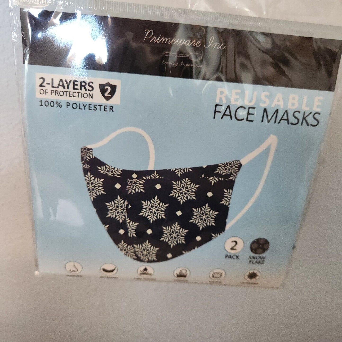 Primeware Mask Snowflakes Design Adult 2 pack 2 layers 100 % Polyester Washable