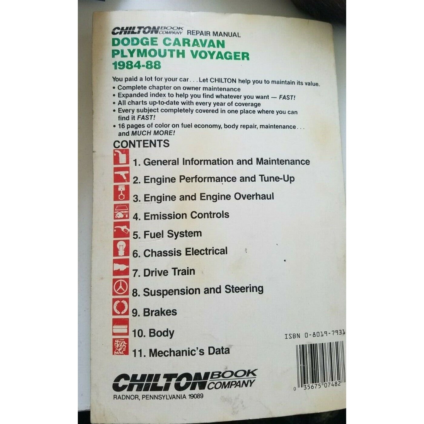 1984 -1988  Chilton's Dodge Caravan Plymouth Voyager Repair Manual # 7482
