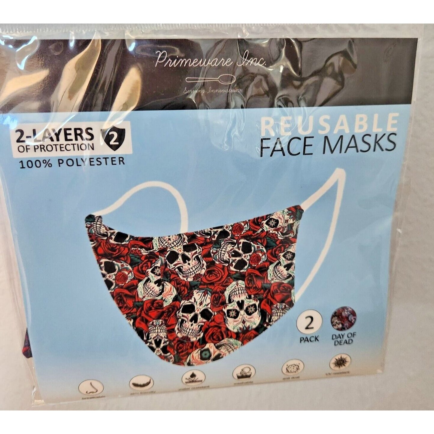 Primeware Mask Roses Skull Design Adult 2 pack 2 layers 100 % Polyester Washable