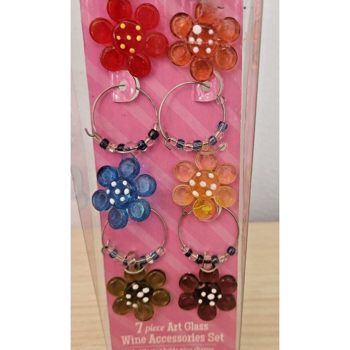 Boston Warehouse 7 Piece Art Glass 1 Wine Ring and 6 Beaded Wine Charms Flower