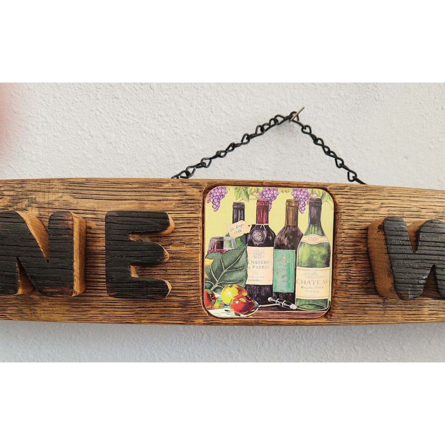 Wood Sign Wine Stave says "Fine Wines" Tile in the Middle Letters Cut Stave