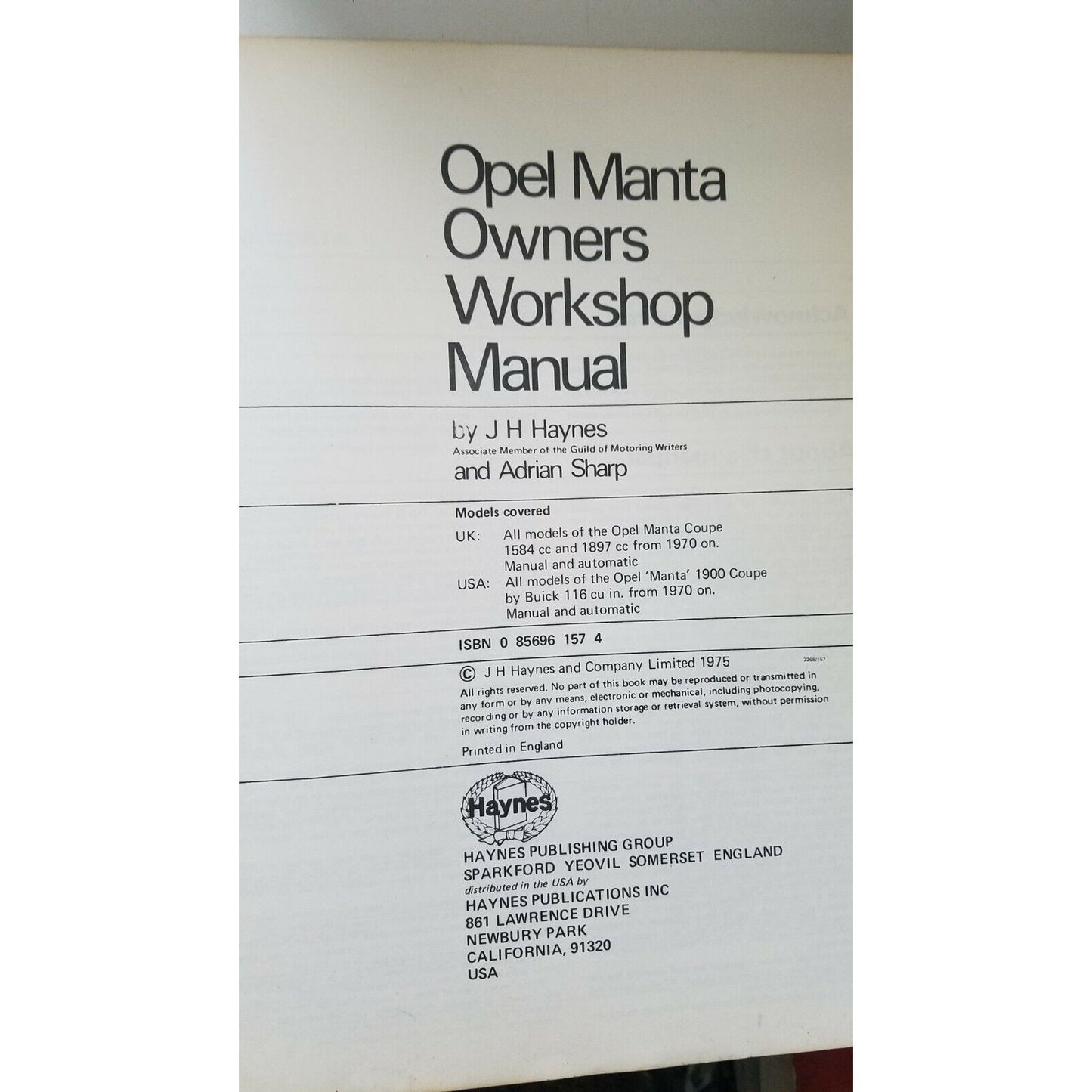 1970 thru 1974 Haynes Opel Manta Coupe1584cc 1897cc Auto Repair Manual
