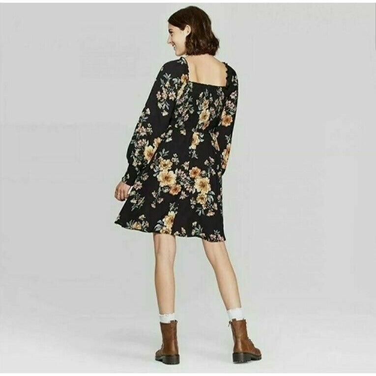 Dress Xhilaration Women's Size S Black Floral Print Long Sleeve Square Neck