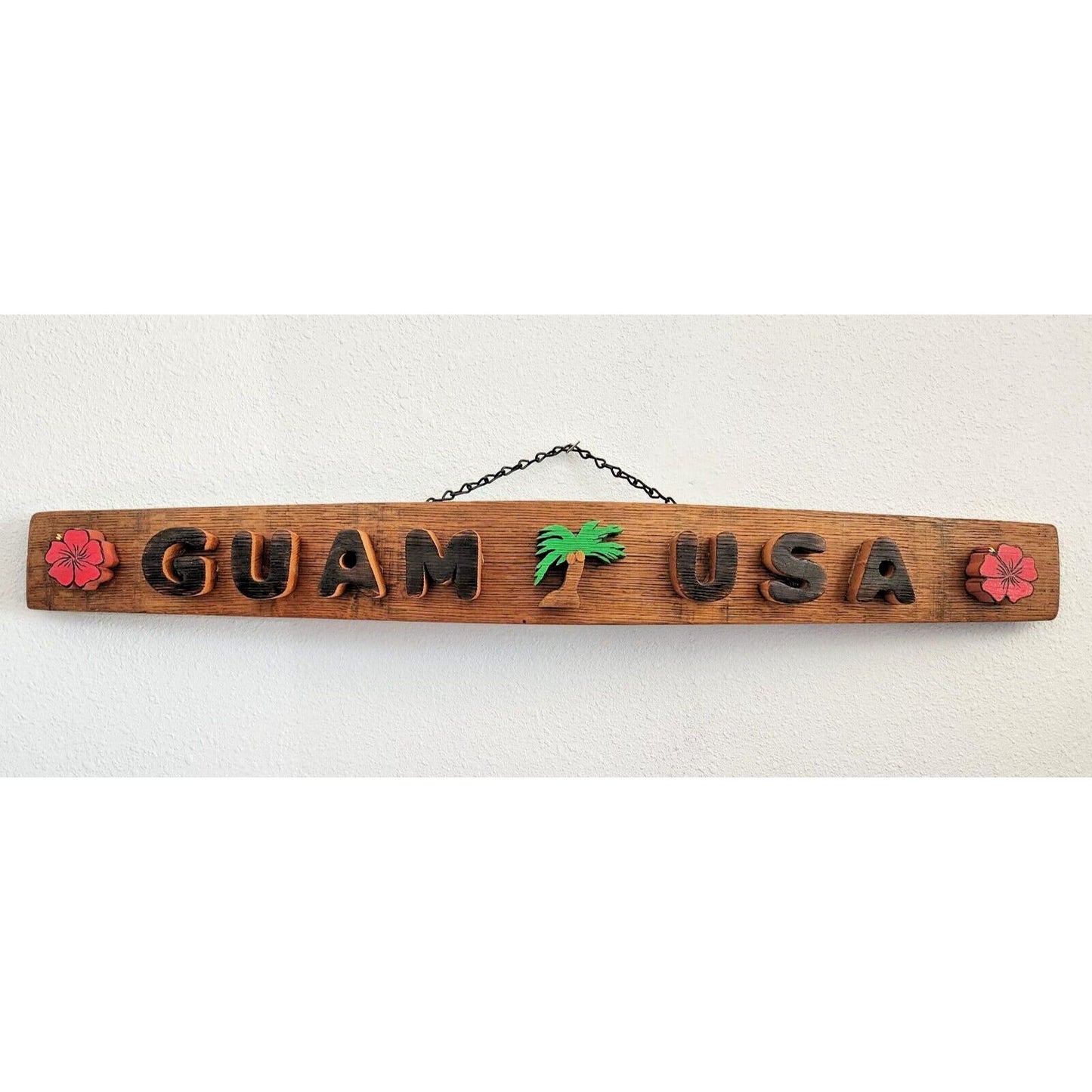 Wood Sign Wine Stave says "Guam USA" Flowers Palm Tree Letters Cut Stave