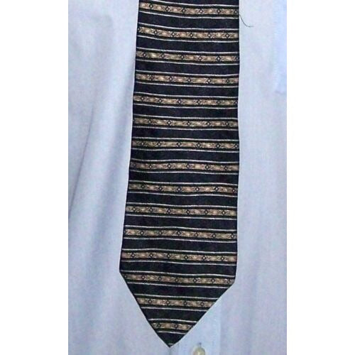 Tie Men's 100 % Silk Neck Tie Puritan Black White Gold Geometric Stripes