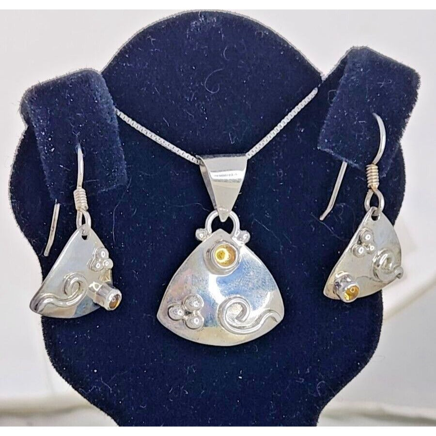 Jewelry Necklace Earrings Set Round Citrine 18" Silver Chain weight 9 Gr