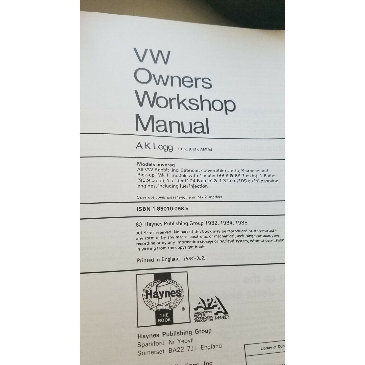 1974 -1985 Haynes Volkswagen Rabbit Sirocco Jetta Pick-up Owners Manual