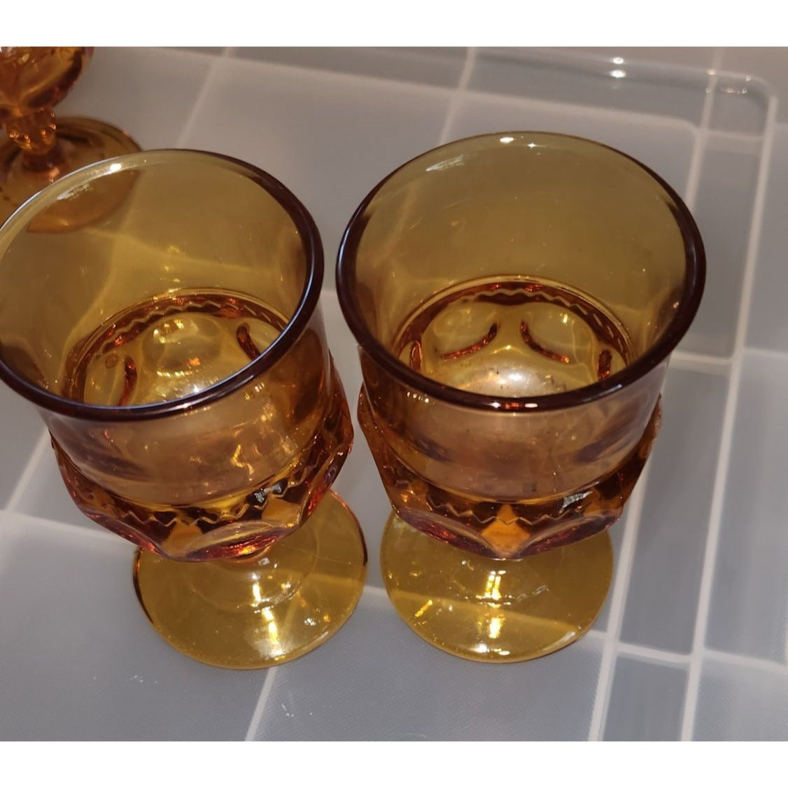 Set of 10 Thumbprint Indiana Glass King’s Crown Amber glasses 4 1/2 Tall 2 1/2" wide top 2" Stem 2 1/2 Glass Vintage Wine Goblets