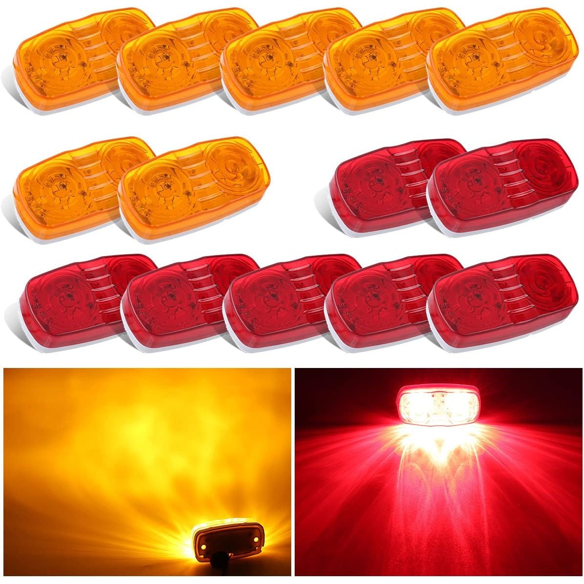 VINAUO Trailer Marker LED Clearance Lights, 14X Double Bullseye 7 Red & 7Amber 12 LED Side Marker Light Indicator 4x2 Inch Tiger Eye Surface