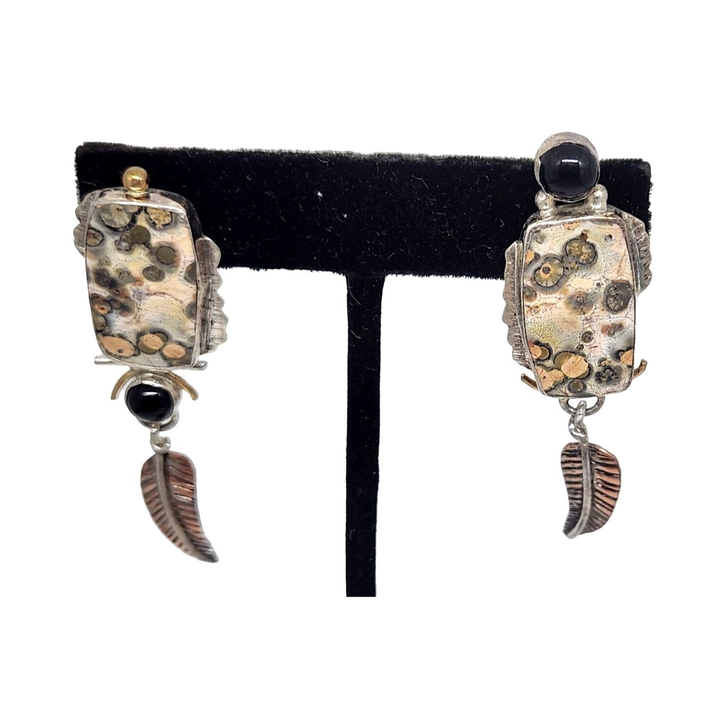 Leopard Jasper Earrings Copper Feather Black Onyx 8mm Circle 11.6 Gr Silver Post
