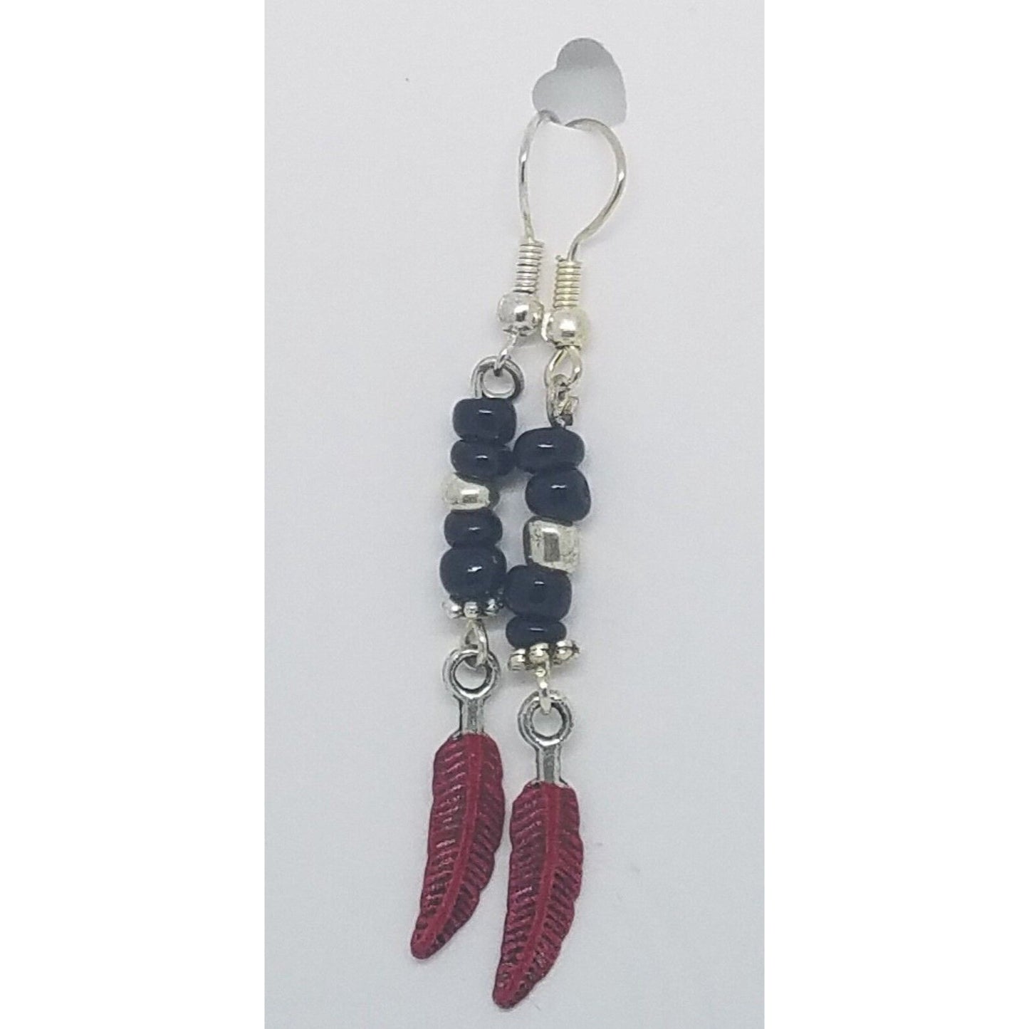 Earrings 1" Painted Red Feather Charm Black and Silver Bead Sterling Wire