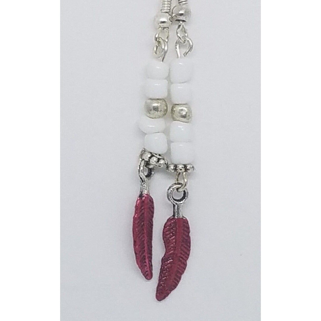 Earrings 1" Painted Red Feather Charm White and Silver Bead Sterling Wire