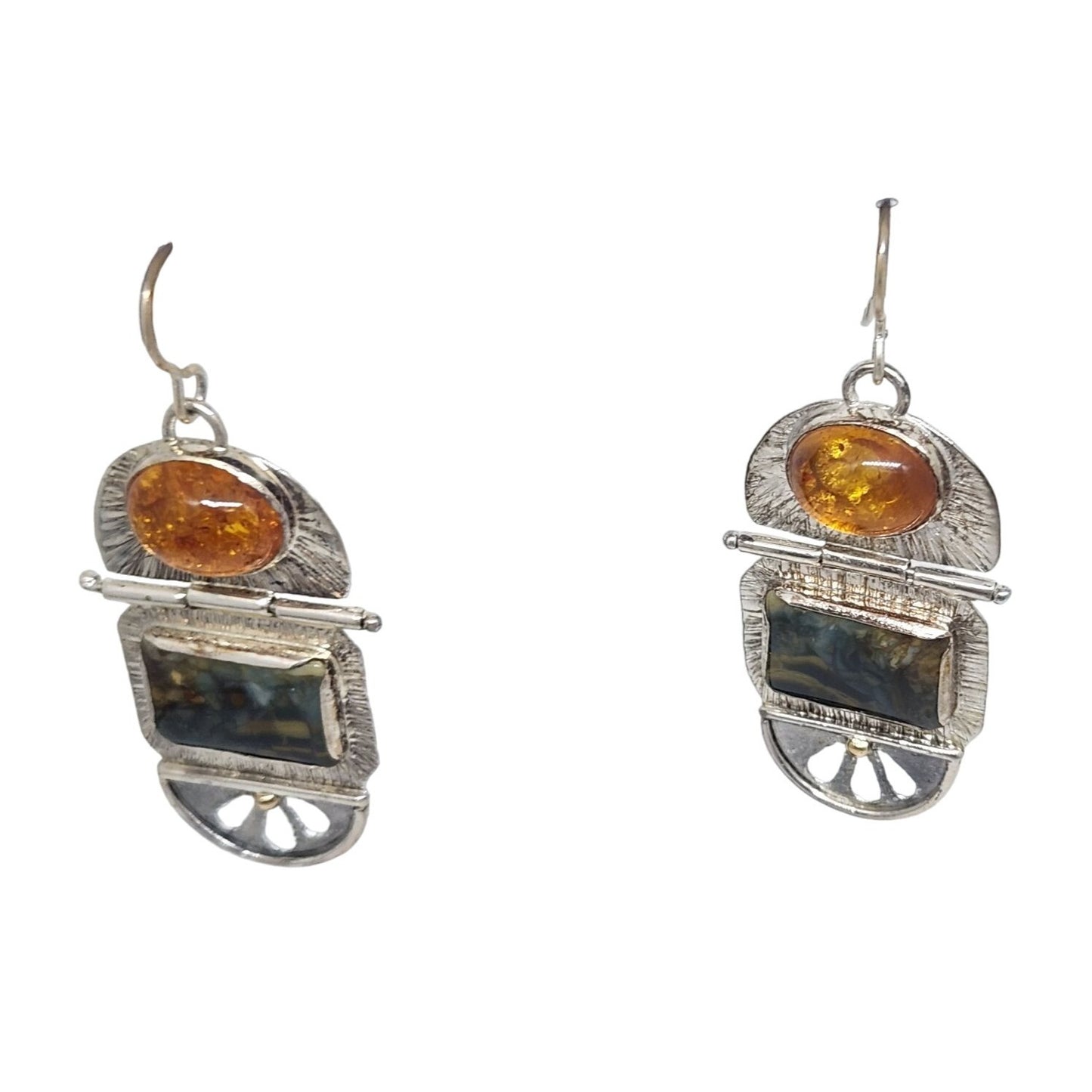 Earrings Baltic Amber Moissanite Jasper 925 Silver 14K Gold 10.8 Gr Silver Hooks