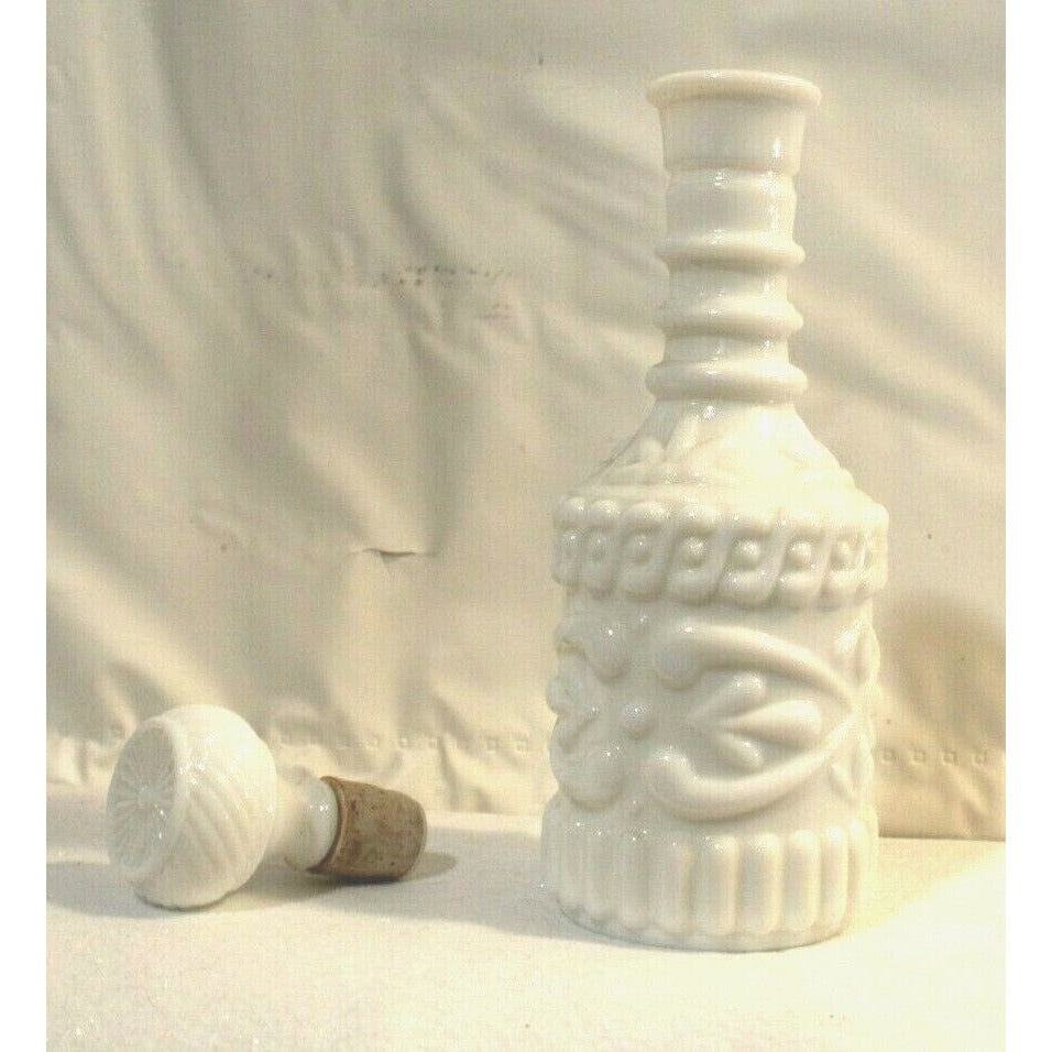 White Milk Glass Liquor Bottle with Cork Stopper 12" Tall KY DR8 230 119 3 09