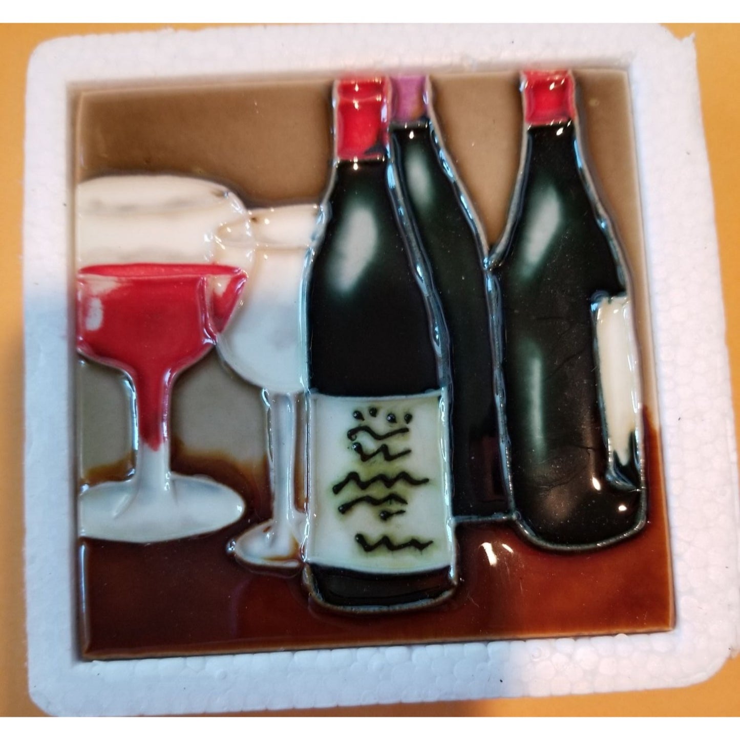 Art Tile 4" x 4" Muddy Waters Hand Painted 7A047 ArtWork on Tile Wine 2 Two Wine Glasses Two Bottles 1/2 " Ceramic Tile and backing