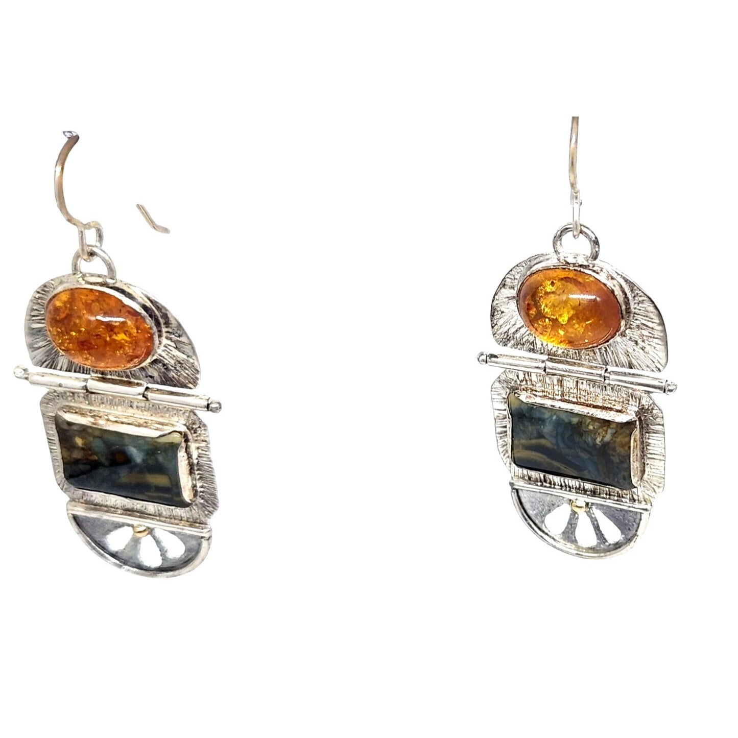 Earrings Baltic Amber Moissanite Jasper 925 Silver 14K Gold 10.8 Gr Silver Hooks