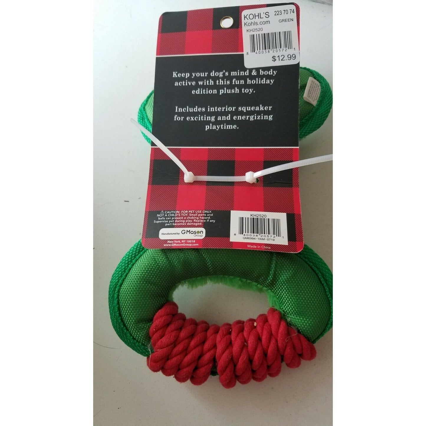 Dog Toy Woof Green & Red Tug a War Plush Squeaker inside Pet Wrapped Ends