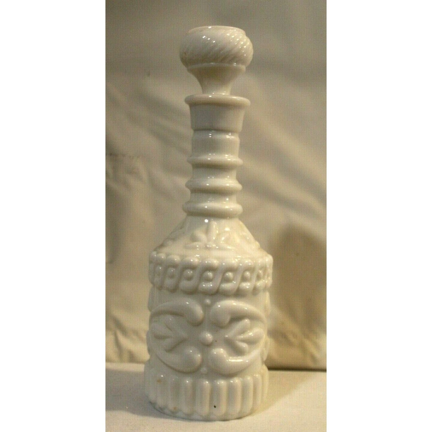 White Milk Glass Liquor Bottle with Cork Stopper 12" Tall KY DR8 230 119 3 09