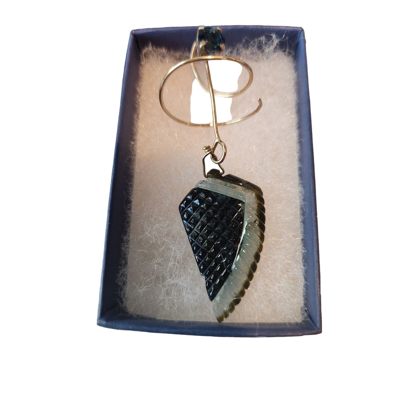 Earrings Feather Shaped Carved Tourmaline 5 mm Square Sapphire 14K Gold 8.9 gr