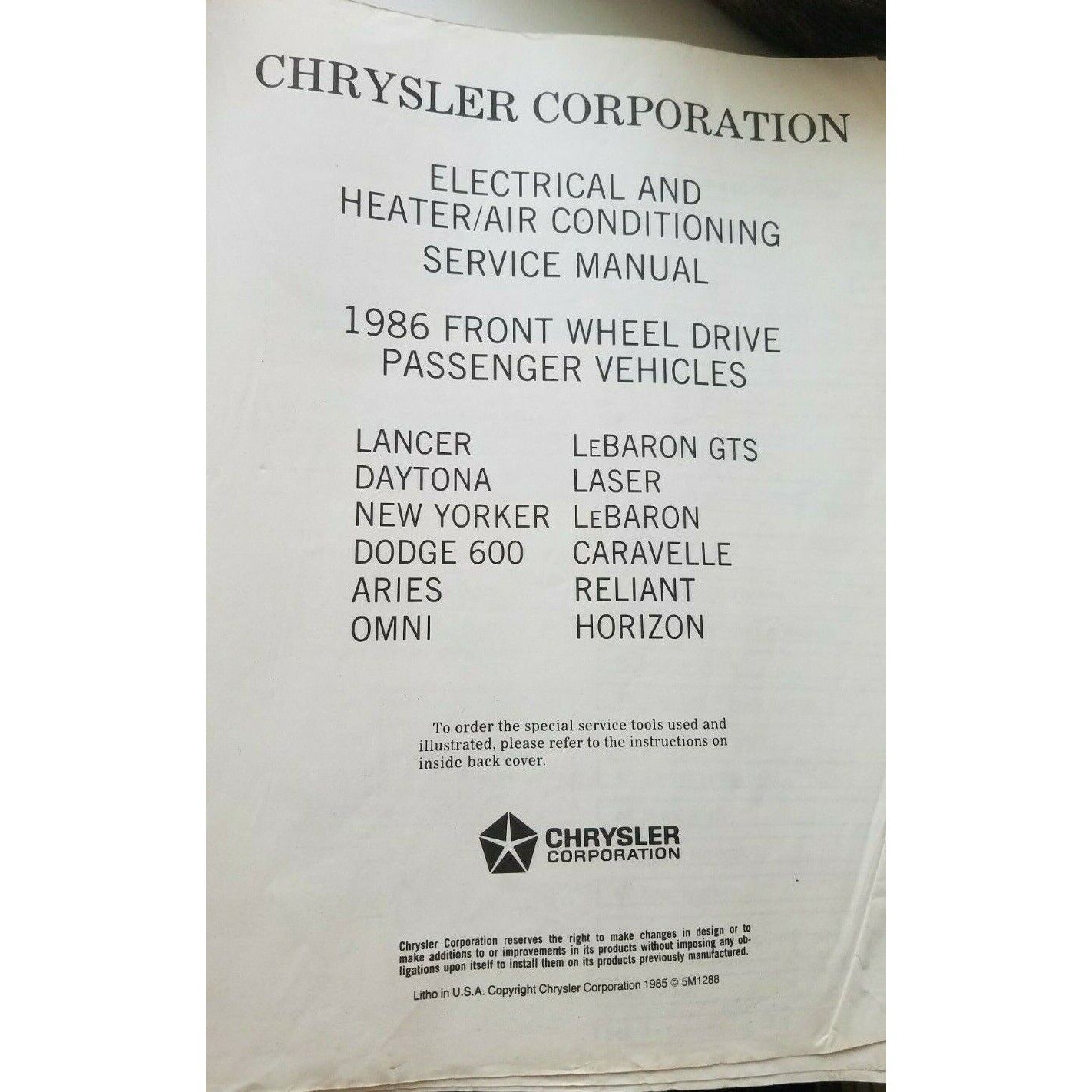 1986 Chrysler Service Manual Electrical Heater Air Conditioning Charger