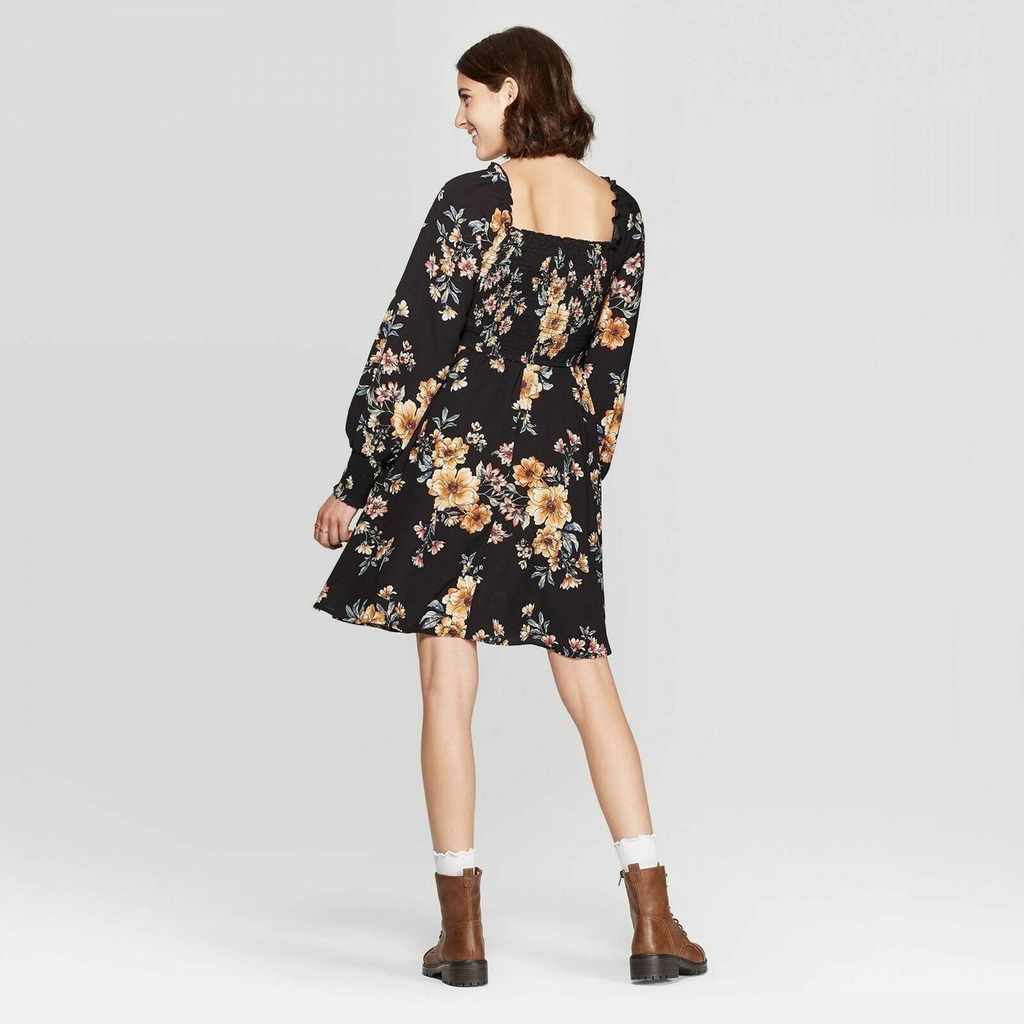 Dress Xhilaration Women's Size S Black Floral Print Long Sleeve Square Neck