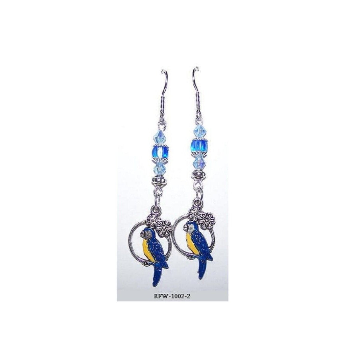Earrings Painted Parrot Hoop Flowers Blue Silver Beads  2" long Sterling Hook