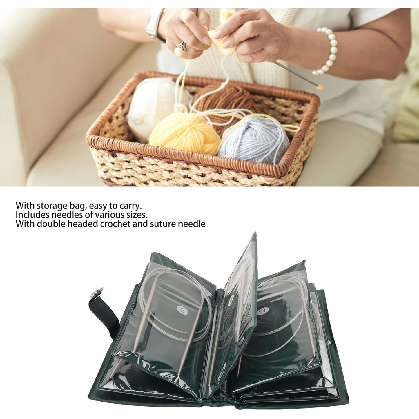 11 Pcs Circular Knitting Needles Set Length 120cm Comfortable Handle Knitting Needles Ring Sweater Needle Knitting Tool Set with Storage Bag