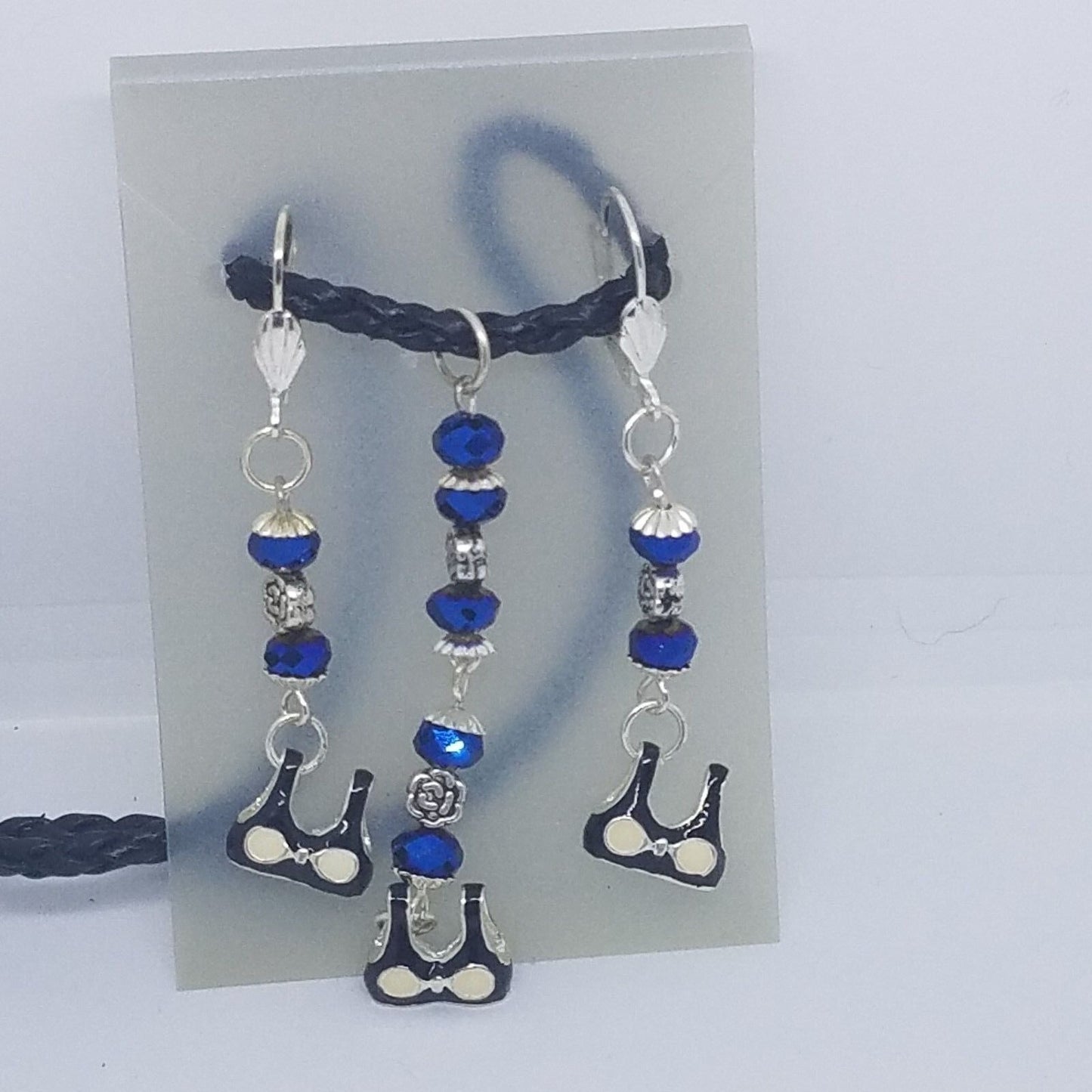 Necklace Earrings Bikini Bra Top 1/2 " Charm Blue Silver Bead Black Leather Cord
