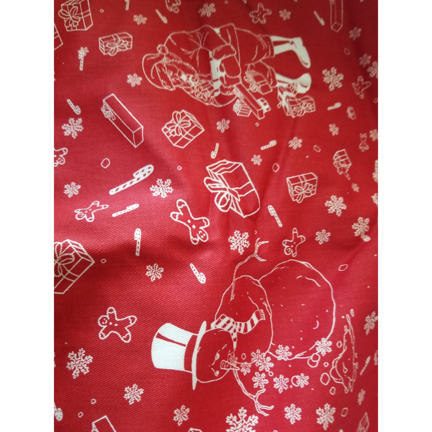 Material Red Christmas Santa Snowmen Reindeer Candy Canes Gifts 58" x 45"