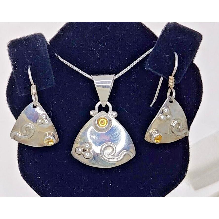 Jewelry Necklace Earrings Set Round Citrine 18" Silver Chain weight 9 Gr