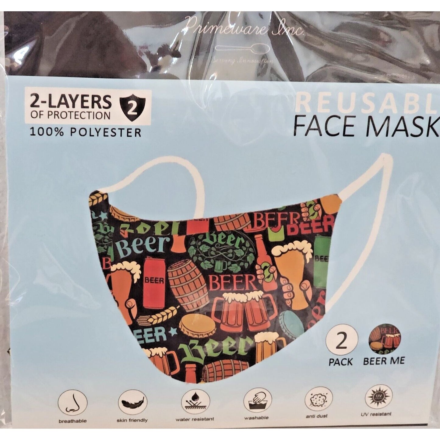 Primeware Mask Beer Design Adult 2 pack 2 layers 100 % Polyester Washable