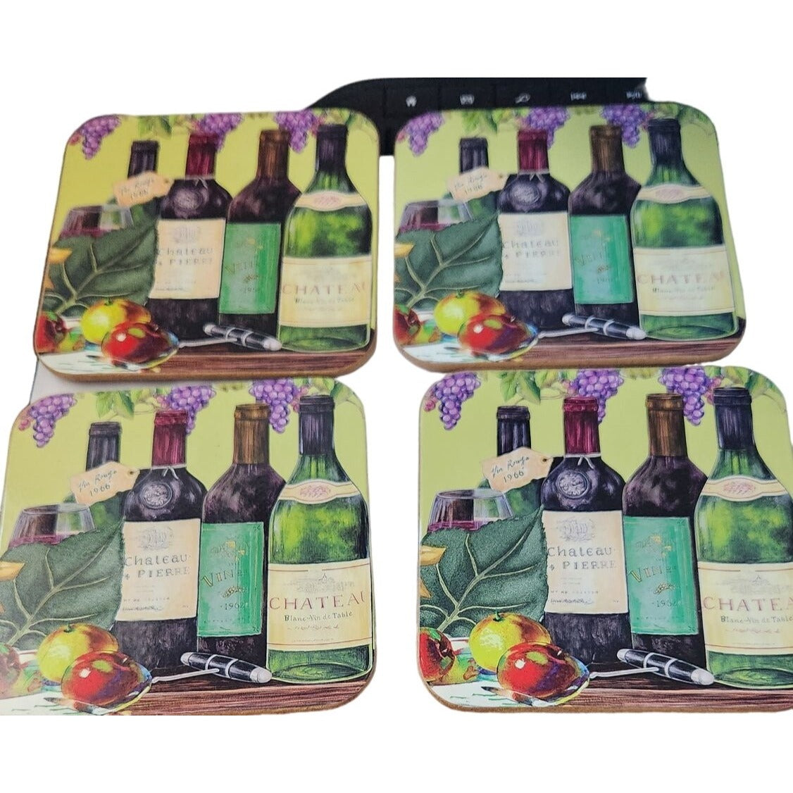 Wine Bottles Grapes Set of 4 Coasters Cork Backing Wood Glossy 3 1/2" x 3 1/2"