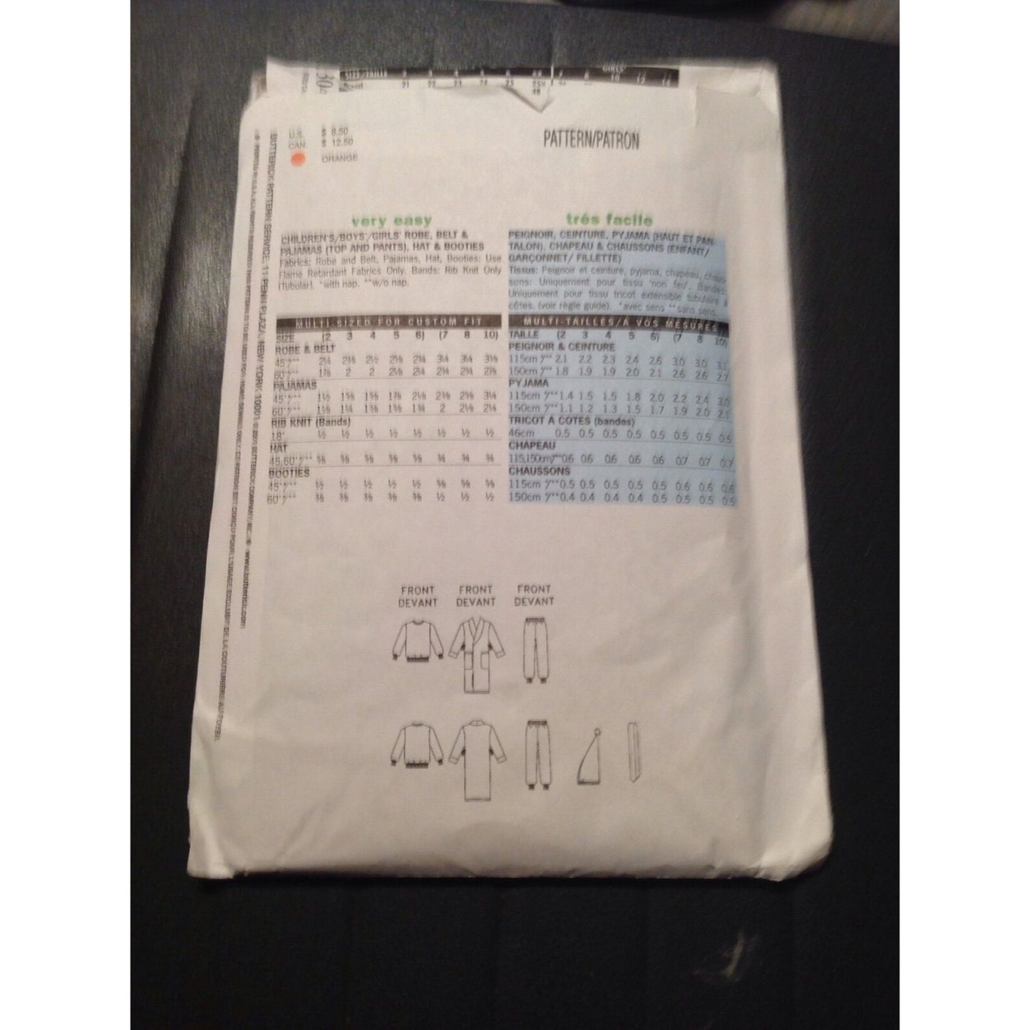 Pattern Butterick # 3042 Sz 2,3,4,5,6 Pajamas Robe Belt Hat Booties