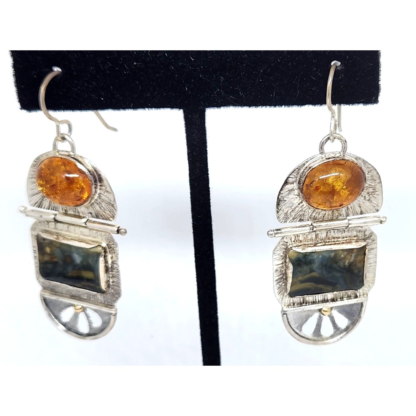 Earrings Baltic Amber Moissanite Jasper 925 Silver 14K Gold 10.8 Gr Silver Hooks