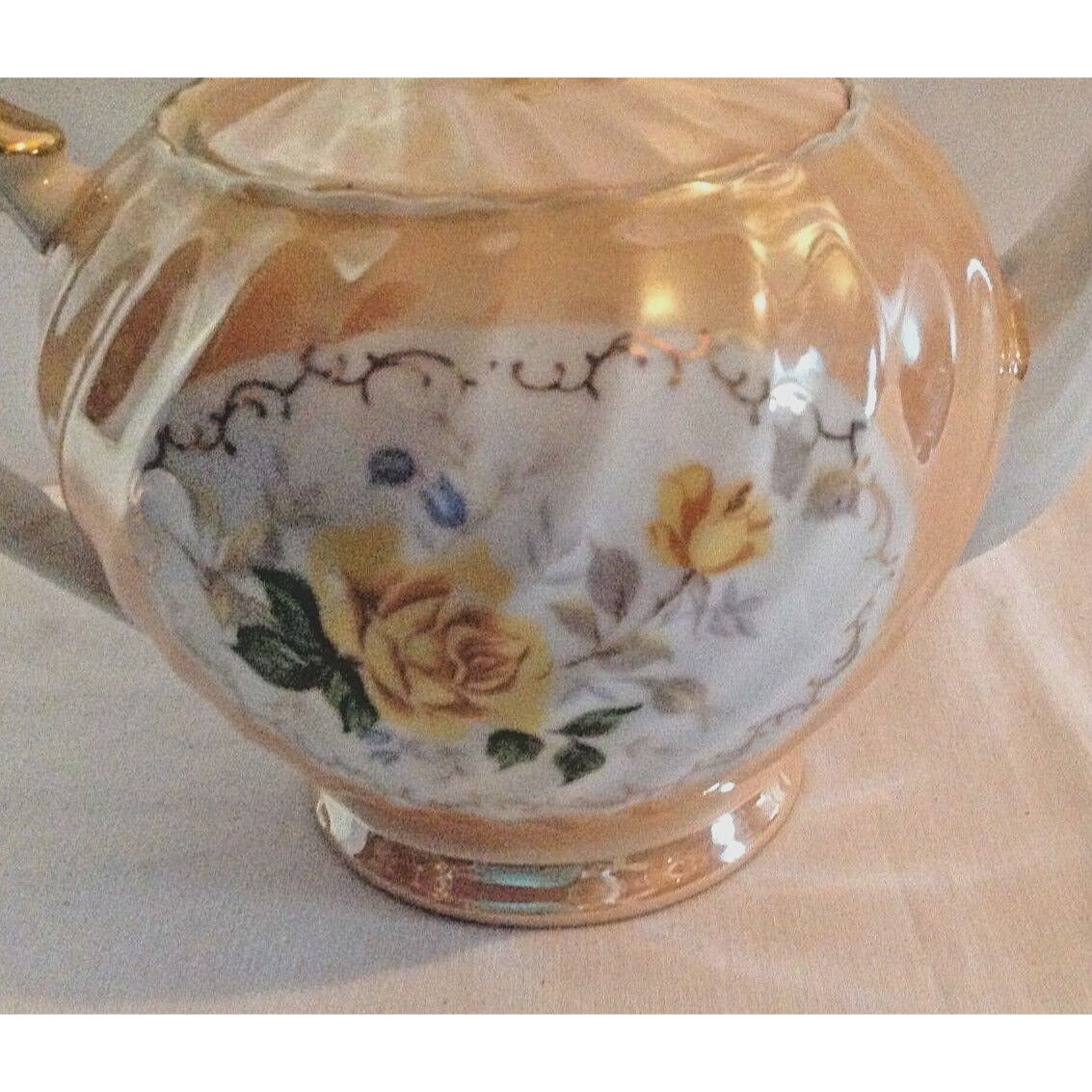 Tea pot Painted Textured Lid made in Japan Yellow Roses 6" Tall top Lid 8" wide