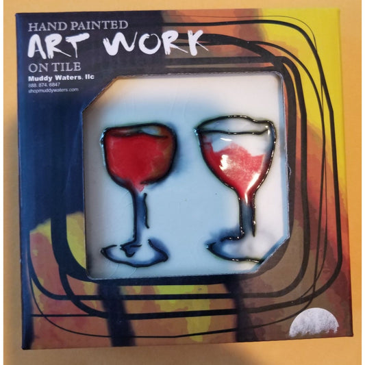 Art Tile 4" x 4" Muddy Waters Hand Painted 7A031 ArtWork on Tile Wine 3 Two Wine Glasses 1/2 " Ceramic Tile and backing