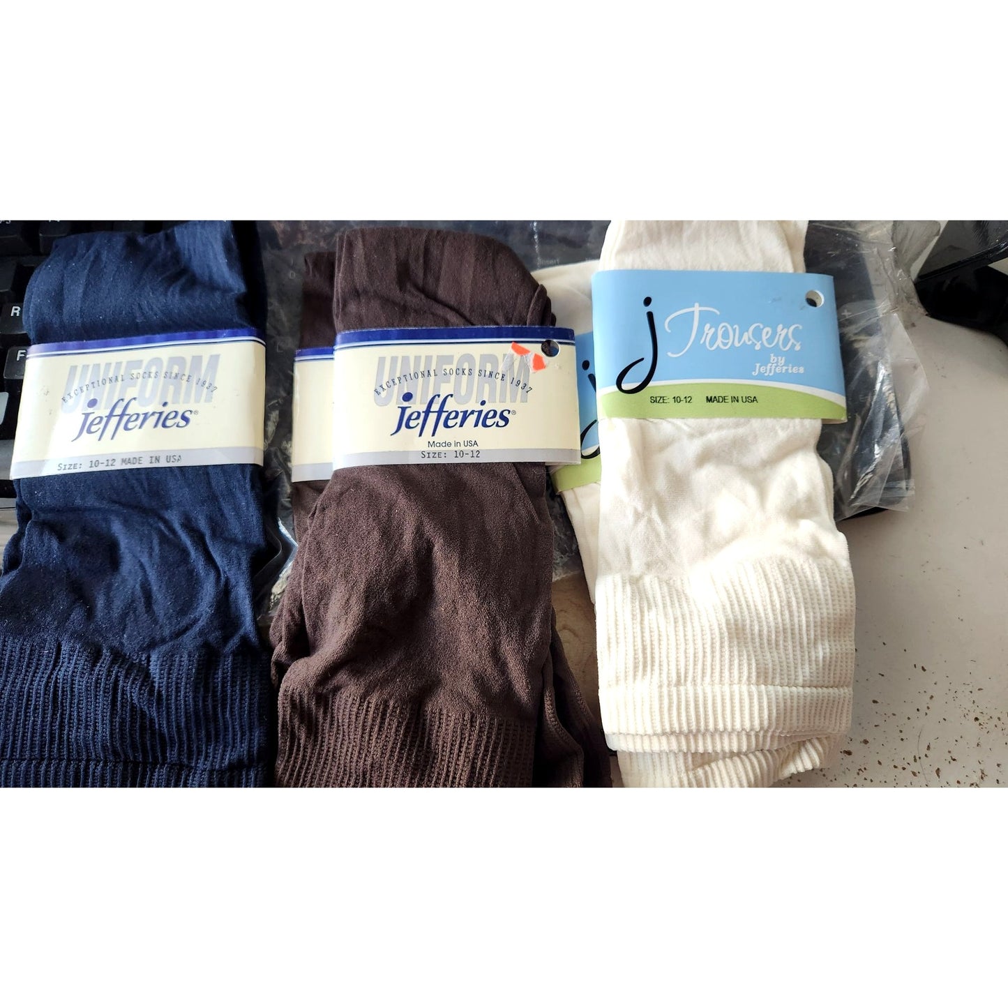Socks 5 Pair Jefferies Socks 2 pr White Trouser, 2 pr Brown Uniform, 1 pr Blue Uniform Size 10 -12 92% Nylon 8 % Spandex