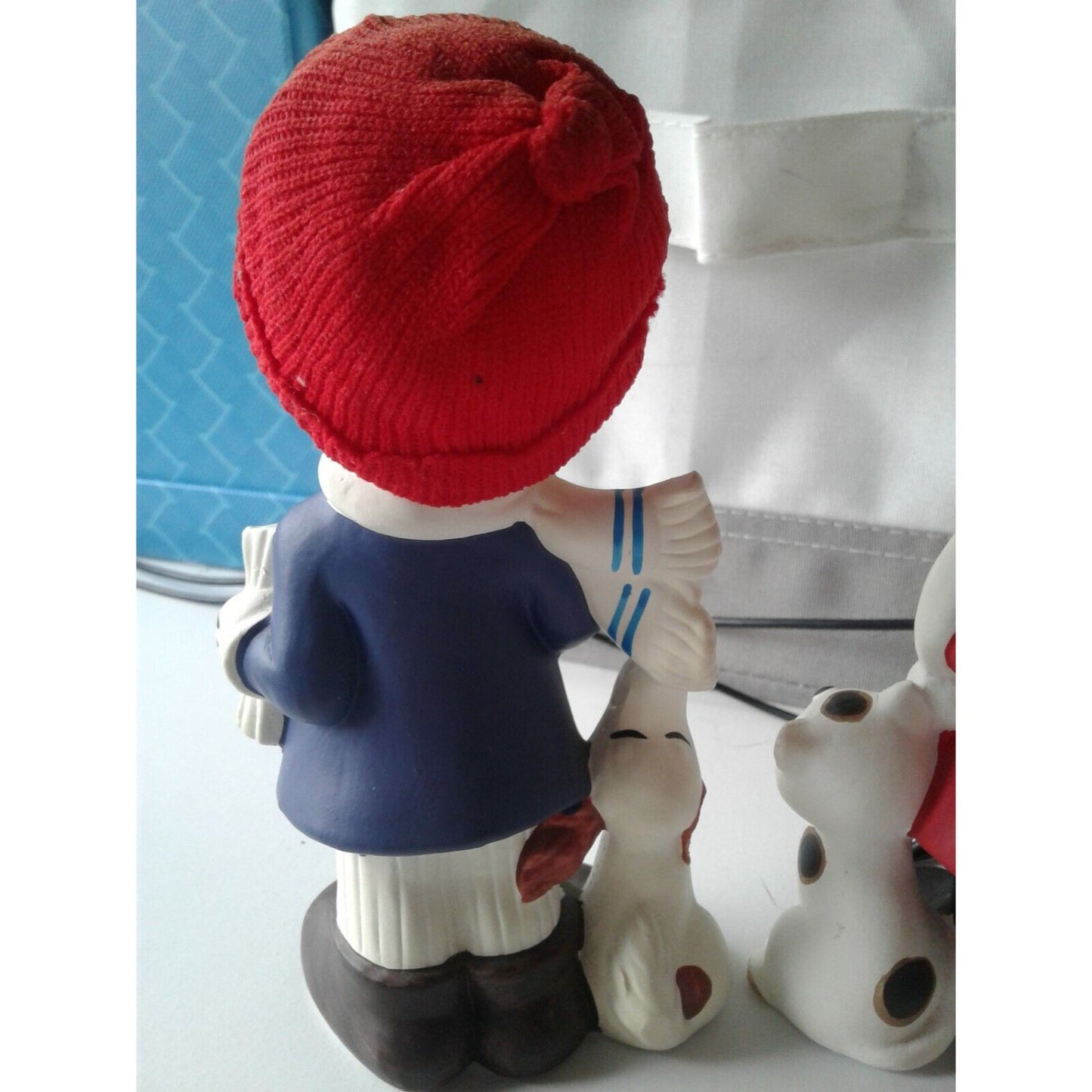 Statue Singing Boy & Girl Red Fabric Hat Holding Song Book Dog Cat Singing UOGC