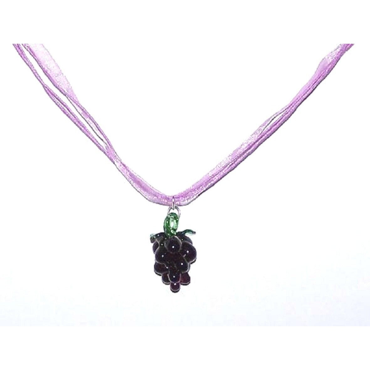 Necklace Purple Glass Grape Bead Green Leaves Glass Bead Pink Ribbon Cord