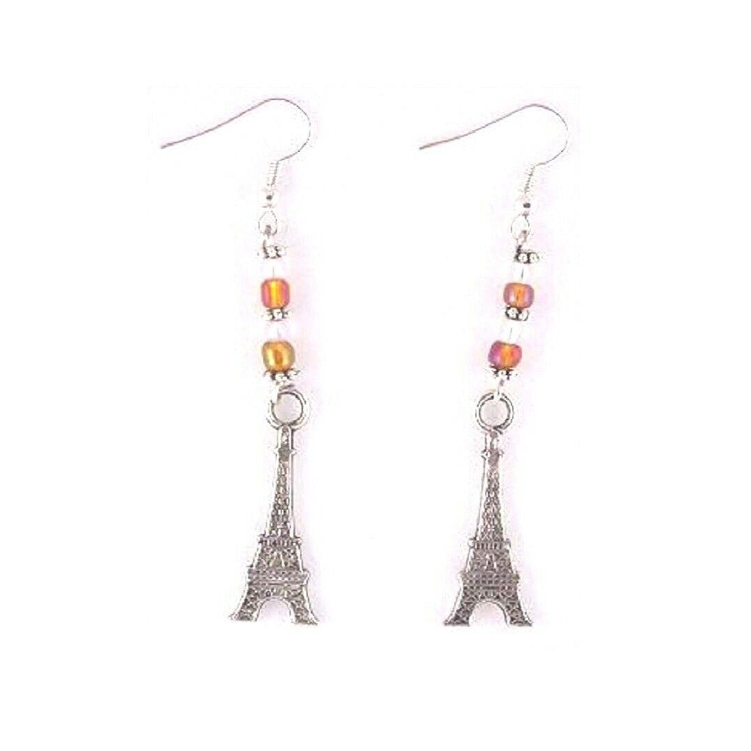 Earrings Eiffel Tower Charms Brown White Beads Sterling Hooks 2" Long