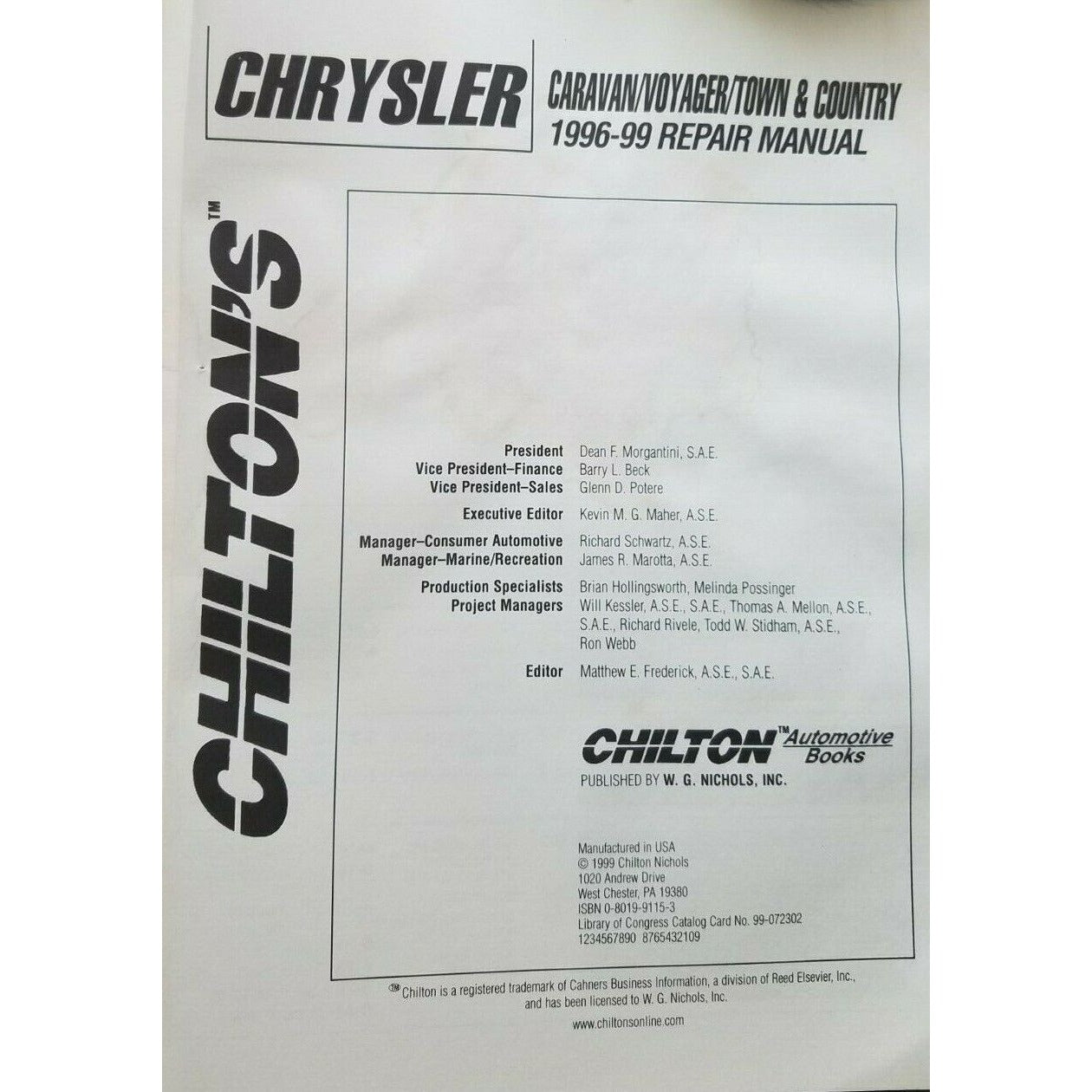 1996 - 99 Chilton's Chrysler Caravan Voyager Town & Country  Repair Manual