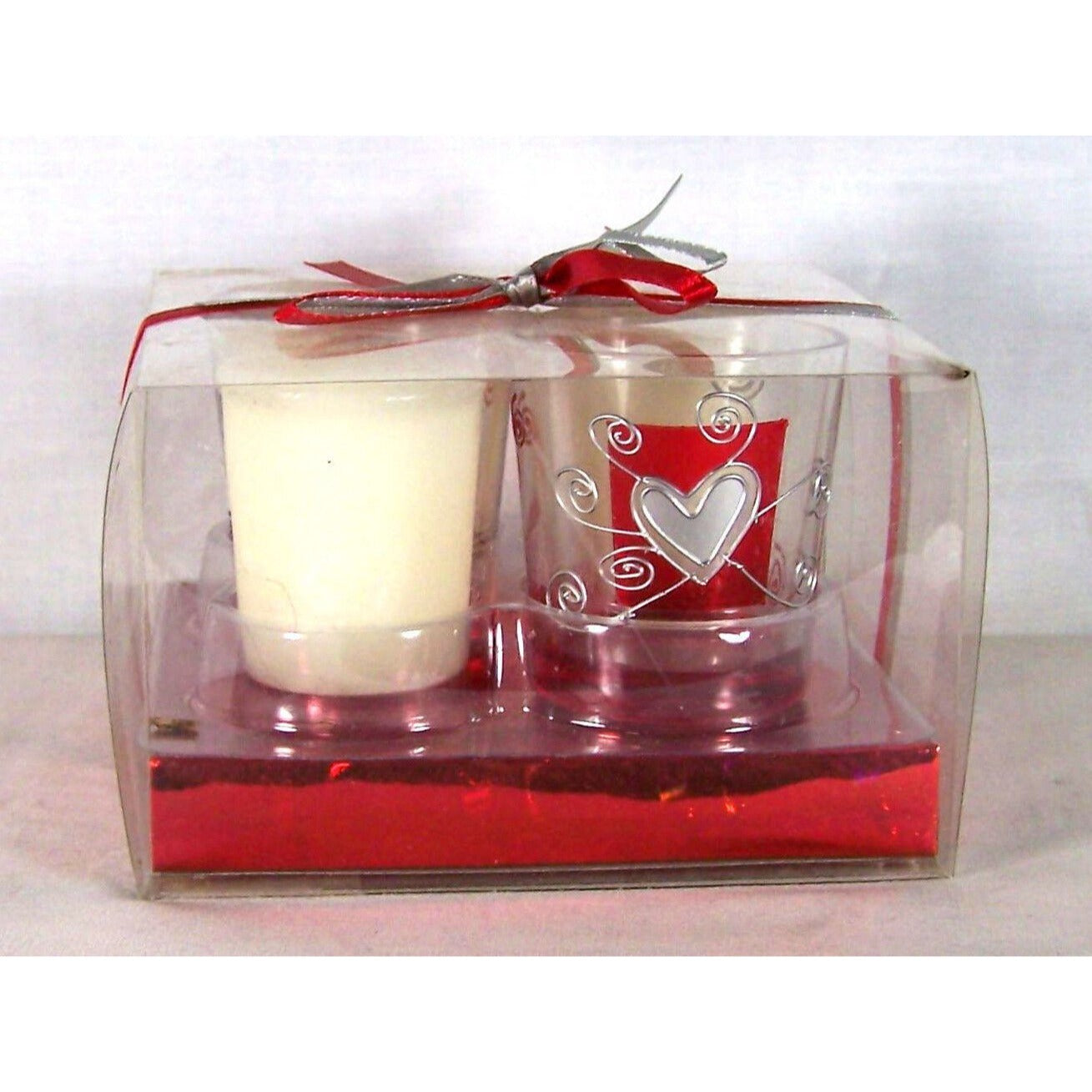 Candle Silver Hearts Votive Candle & Holder set  2 Holders Red Boxed Ribbon Love