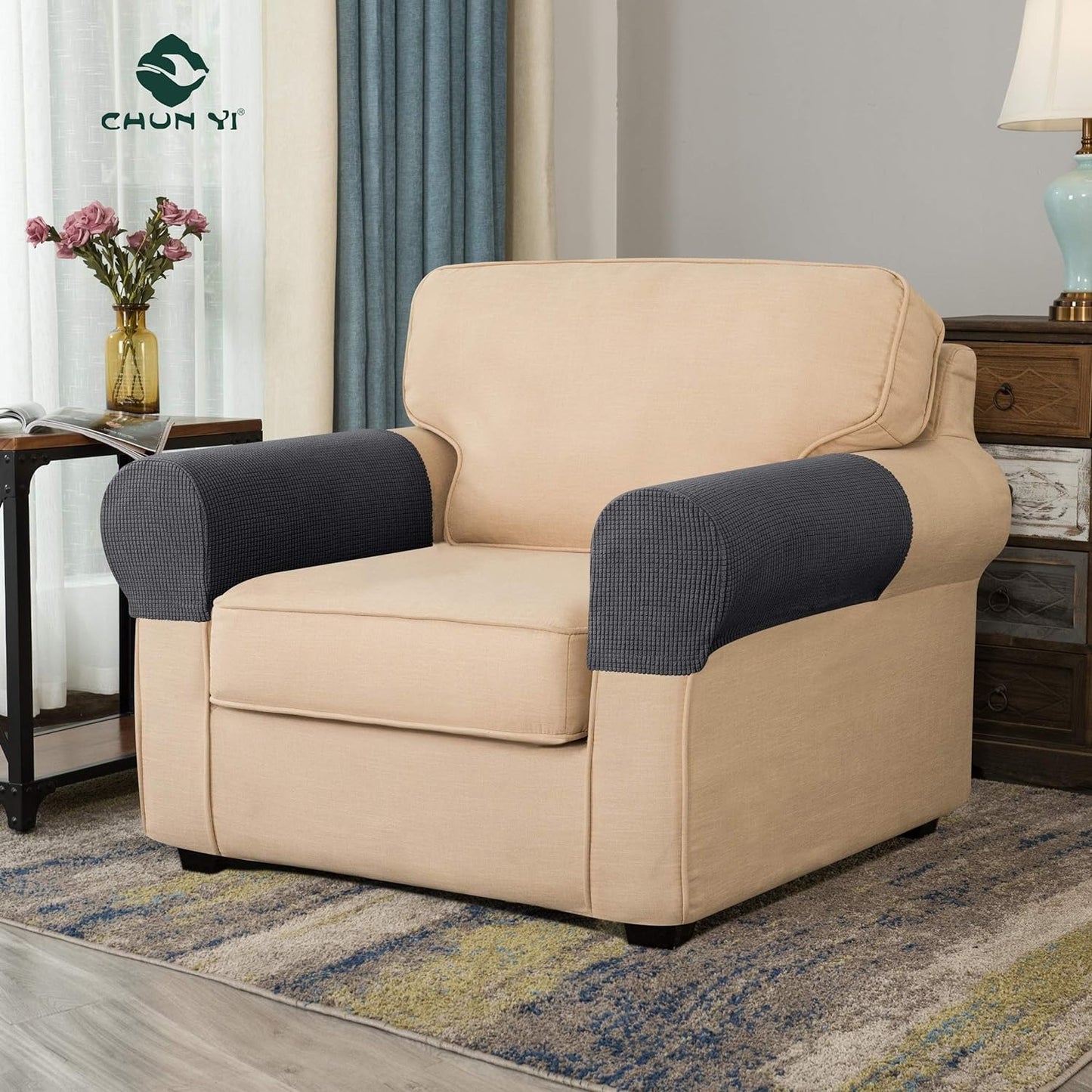 CHUN YI Set of 2 Stretch Sofa Armrest Covers Armchair Slipcovers, Washable Armchair Slipcover Arm Cover for Sofa Chair Recliner with Free P