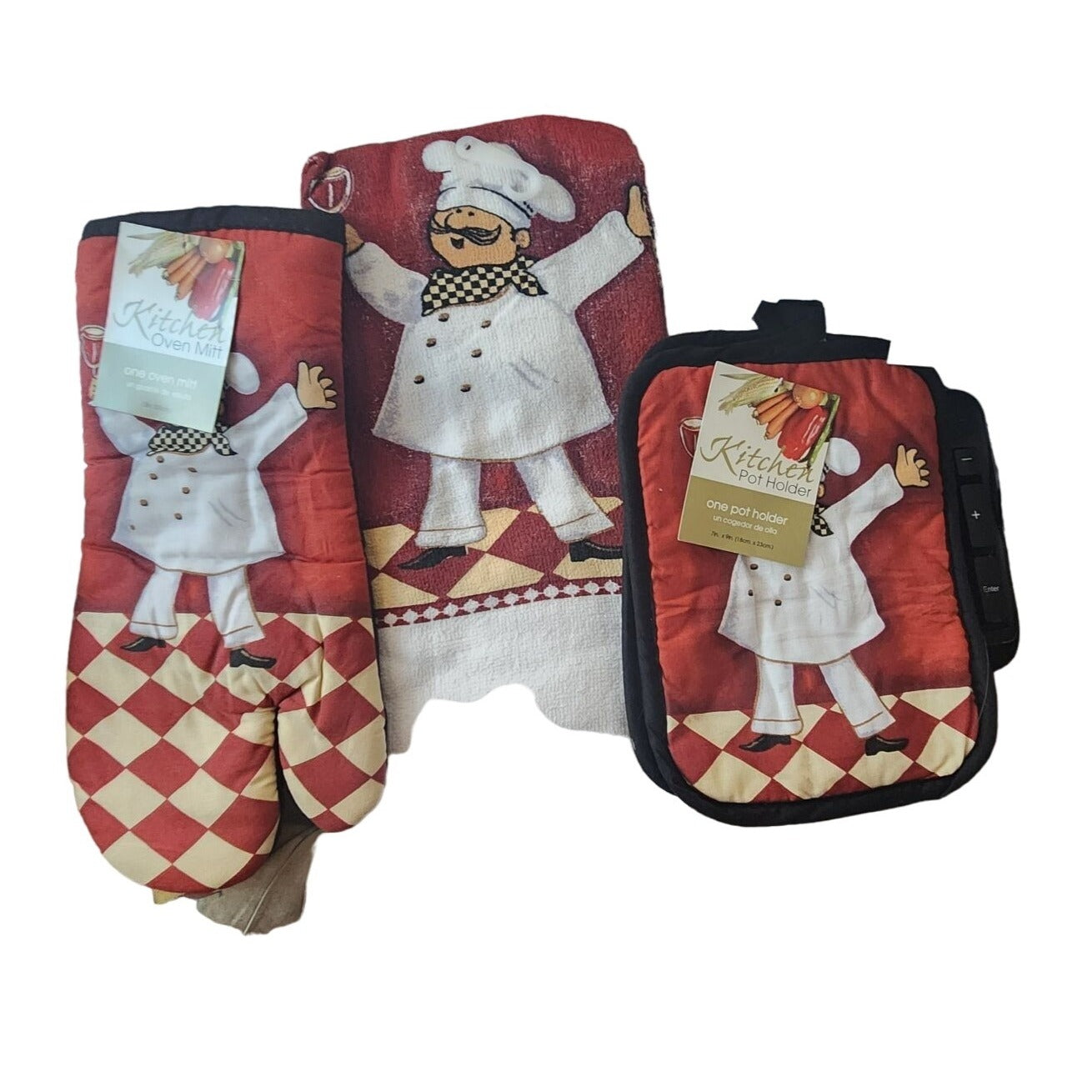 Kitchen 5 Piece Set Chef Wine Glass 2 Towels 2 Pot Holders, 1 Oven Mitt 100% Cotton