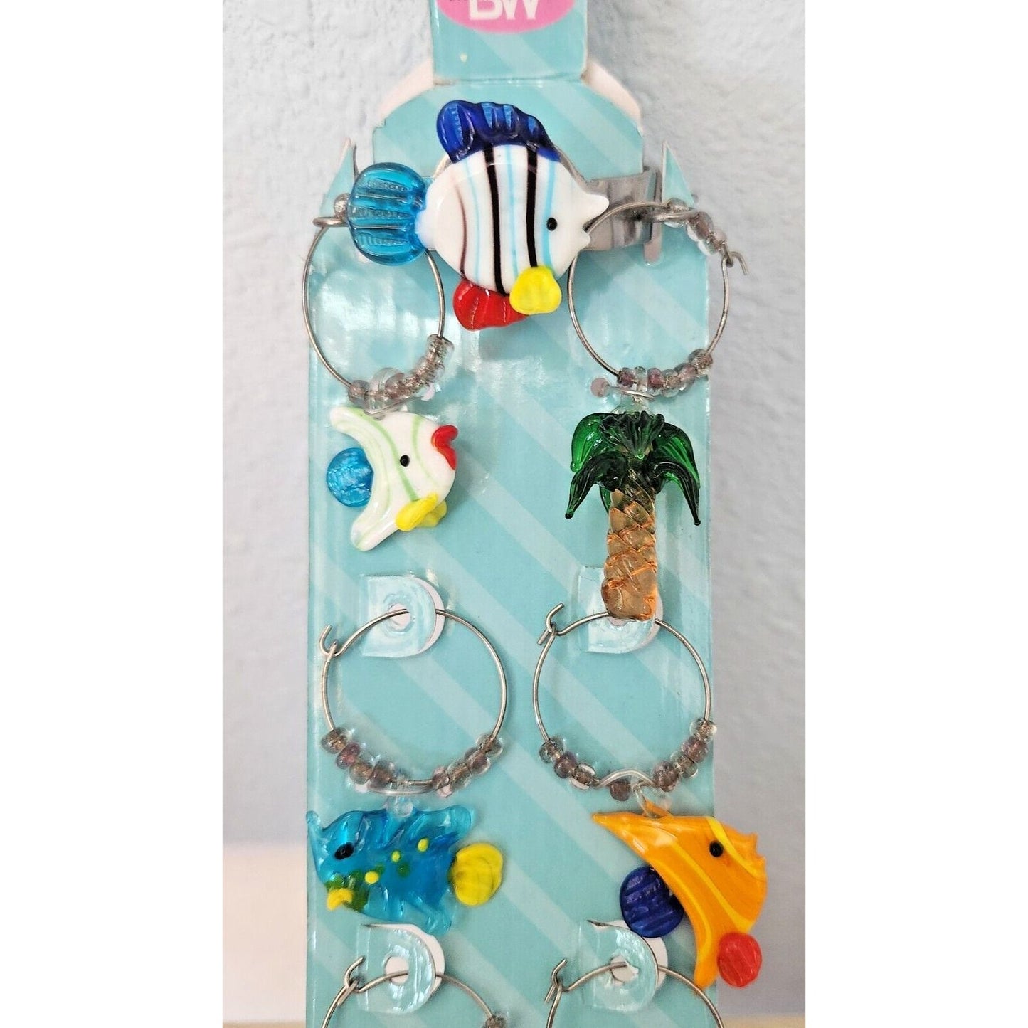 Boston Warehouse 7 Piece Art Glass 1 Wine Ring and 6 Beaded Wine Charms Beach